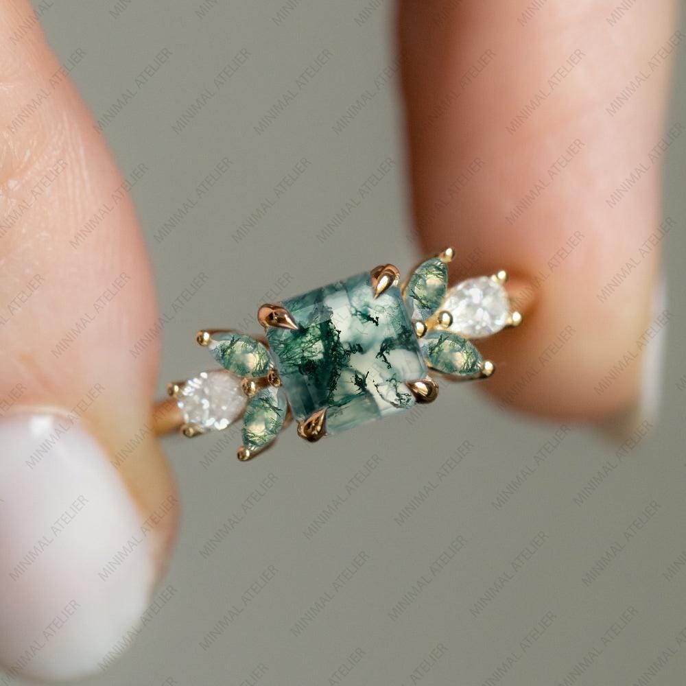 Octagon Moss Agate Engagement Ring