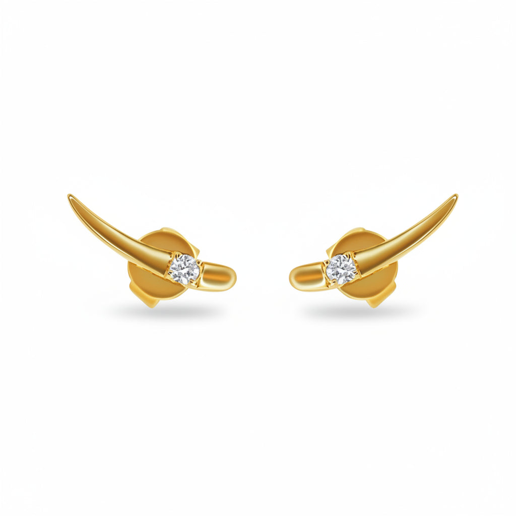 A pair of gold-toned stud earrings with curved horn-like shapes and a small clear gemstone at the center, shown on a white background with a faint repeating watermark.