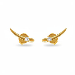 A pair of gold-toned stud earrings with curved horn-like shapes and a small clear gemstone at the center, shown on a white background with a faint repeating watermark.