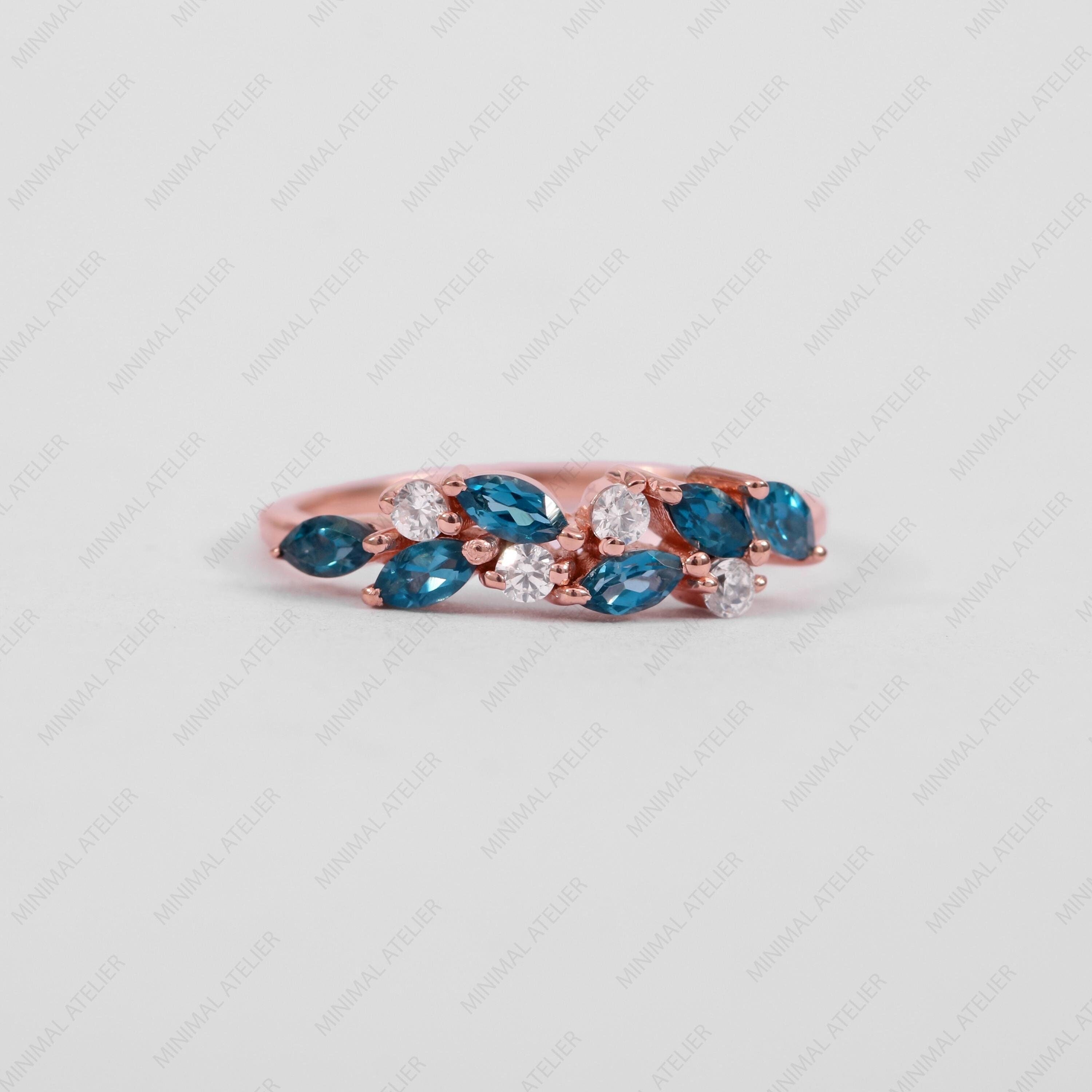 Lab Created Teal Sapphire Promise Ring with Moissanite Cluster in Gold or Silver | Marquise Sapphire Ring | Gift for Her
