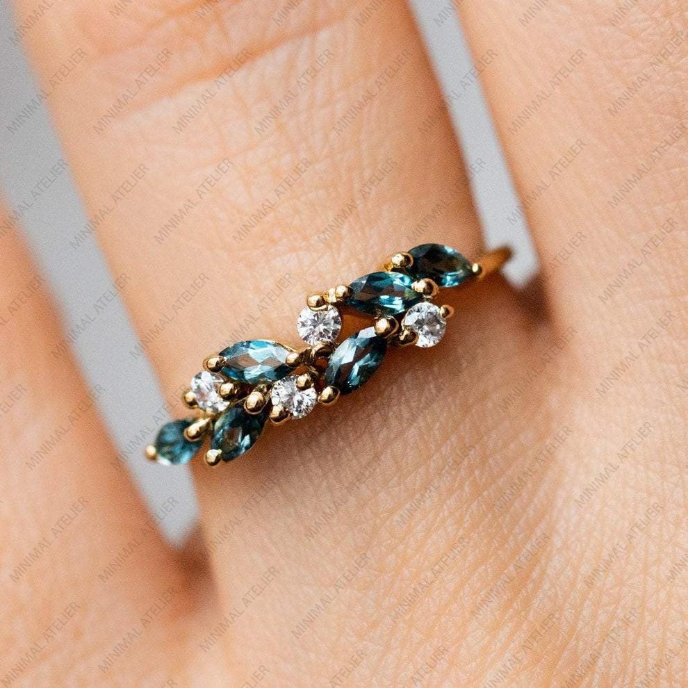 Lab Created Teal Sapphire Promise Ring with Moissanite Cluster in Gold or Silver | Marquise Sapphire Ring | Gift for Her