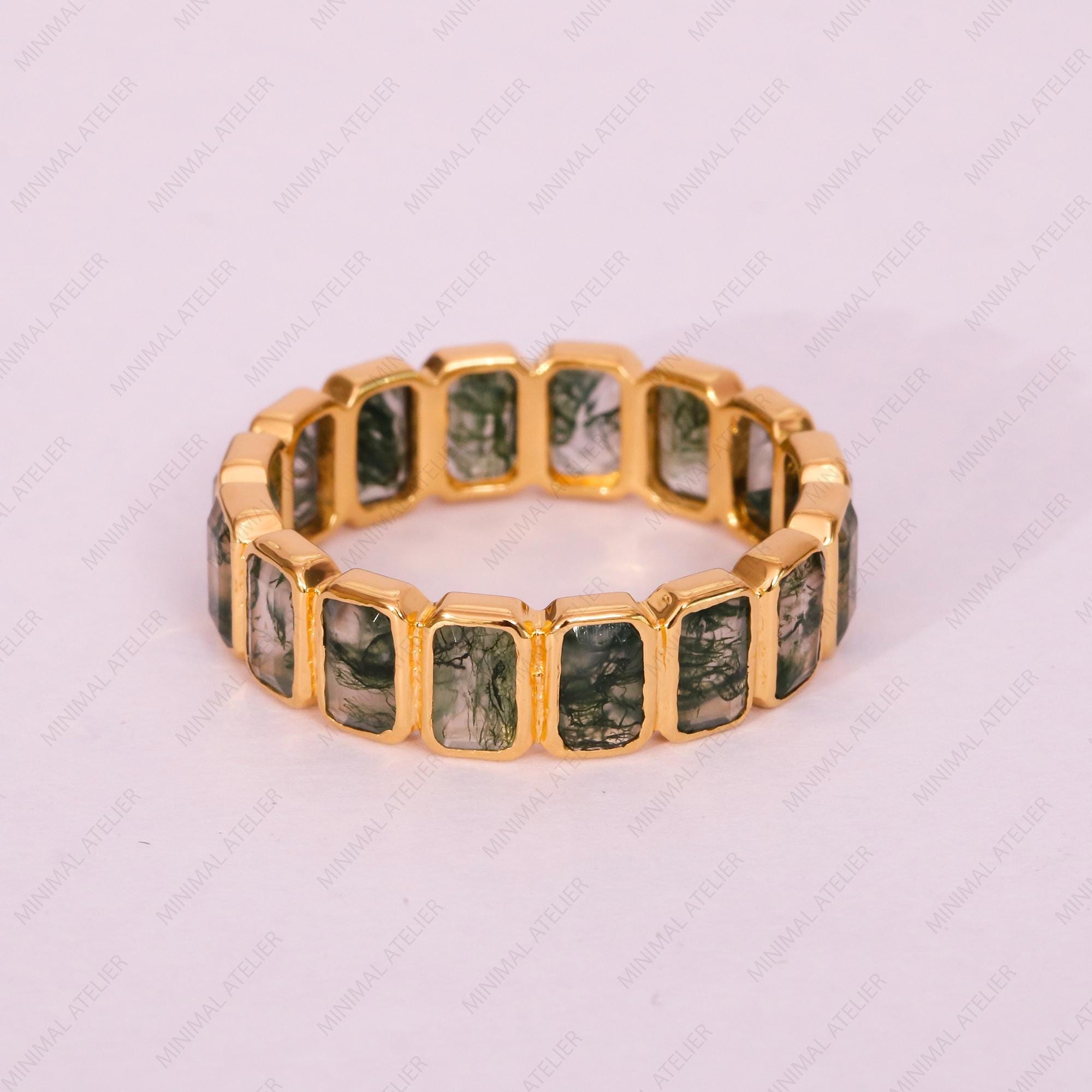 Octagon Cut Moss Agate Full Eternity Band | Lab Grown | Stackable Wedding Band