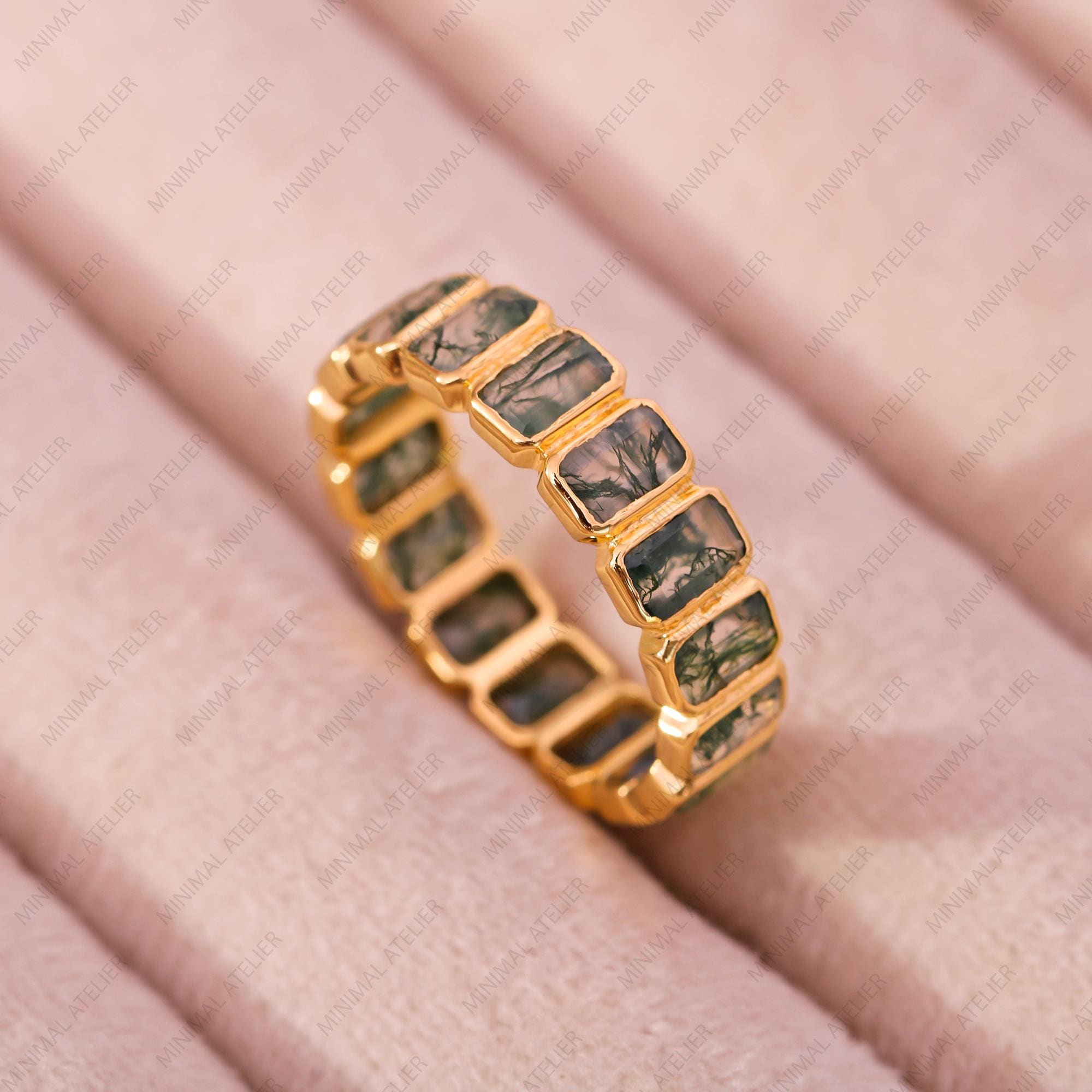 Octagon Cut Moss Agate Full Eternity Band | Lab Grown | Stackable Wedding Band