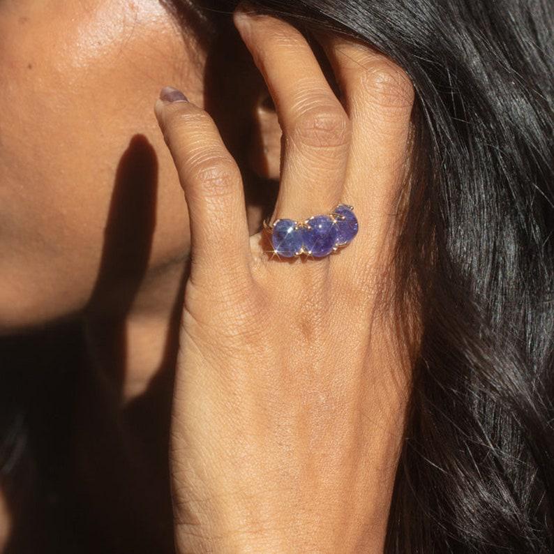 Three-Stone Tanzanite Cabochon Ring | Oval Lab Tanzanite | 925 Silver & Gold Plated | SKU 20052
