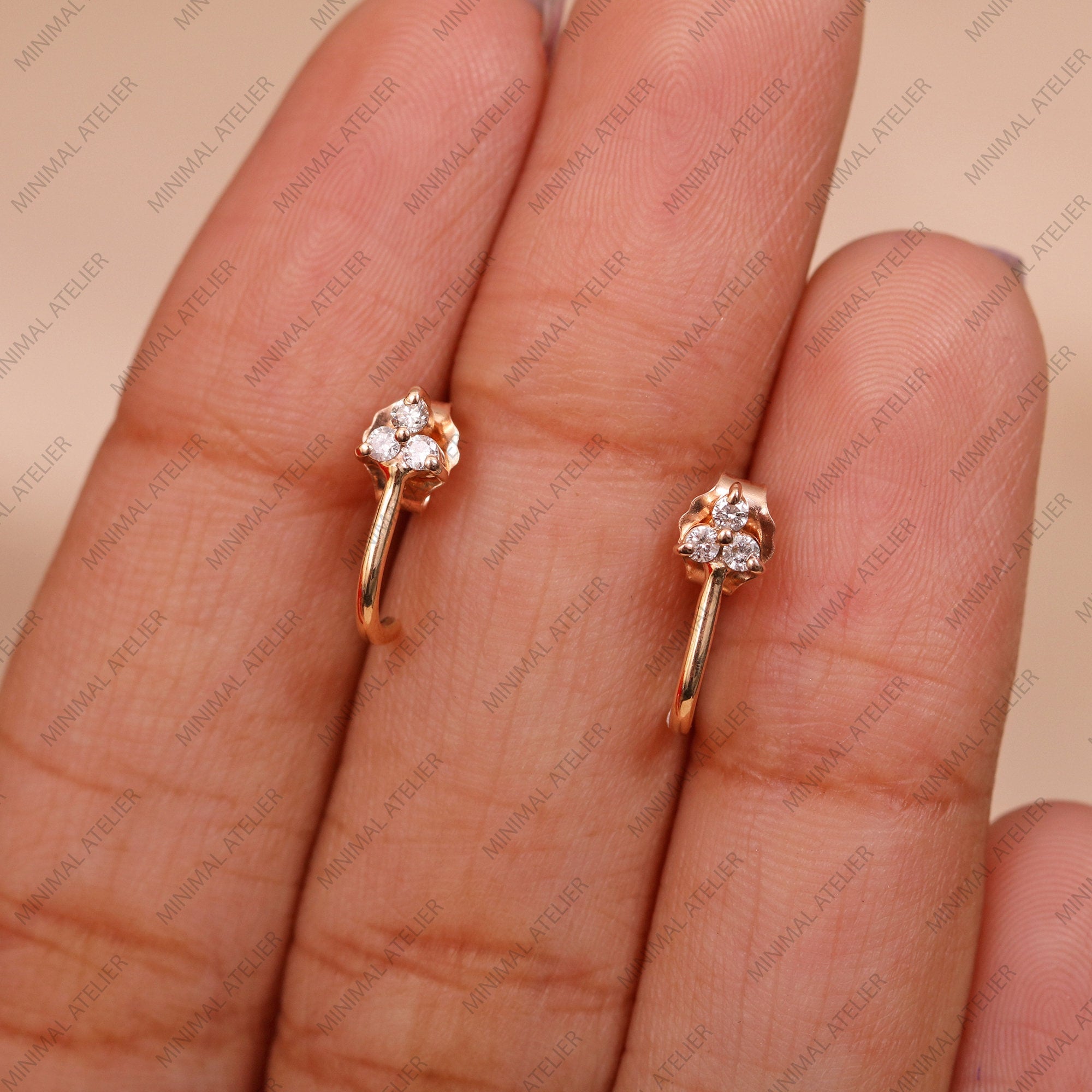 Trio Moissanite Open Hoop Earrings in Gold, Lab Diamond Three-Stone Curved Hoops | Gift for Her