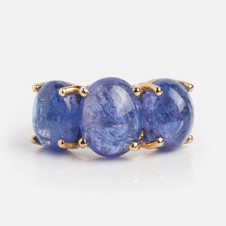 Three-Stone Tanzanite Cabochon Ring | Oval Lab Tanzanite | 925 Silver & Gold Plated | SKU 20052
