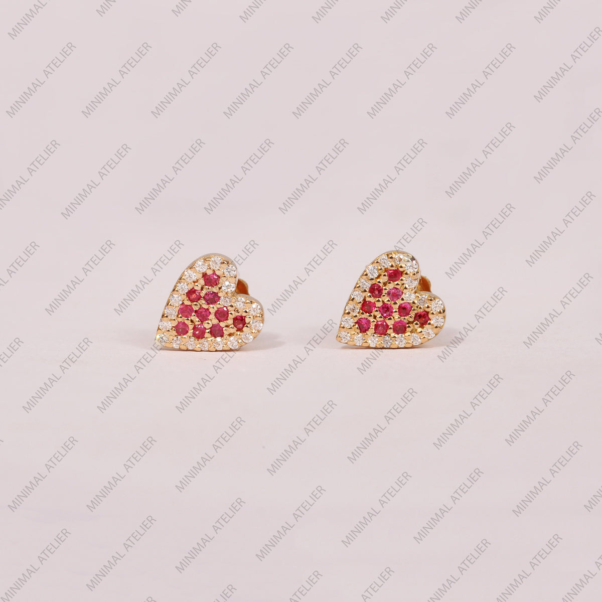 Ruby Gemstone Heart Petite Studs/ Lab Grown Diamonds Mini Love Earring/Solid 14k Yellow Gold Tiny Stud/ Gift For Mom