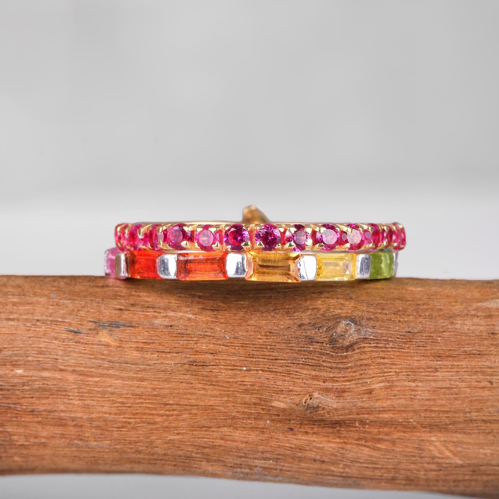 14k Gold Baguette Rainbow Sapphire Ring