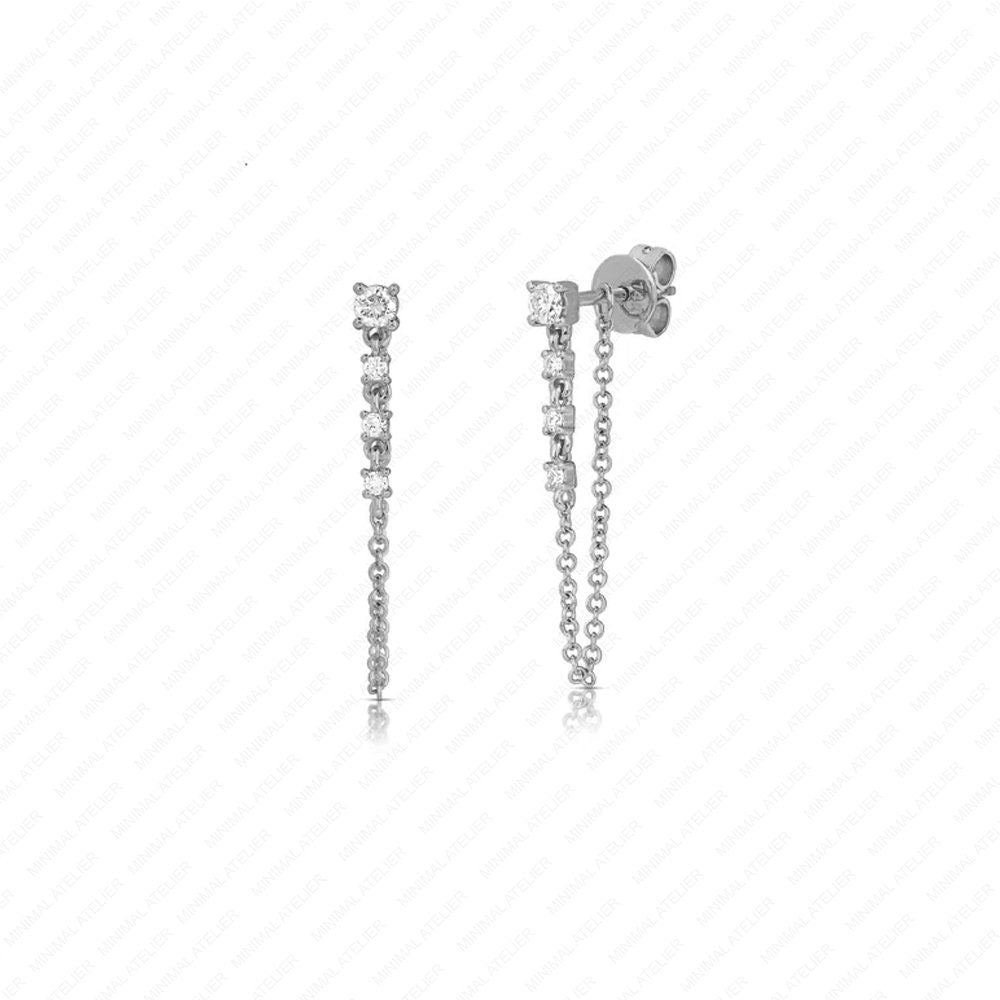 Convertible Drop Chain Four Diamond Studs Solid 14k Yellow Gold Dainty Studs Earring For Woman Lab Grown Diamond Handmade Jewelry For Bridal