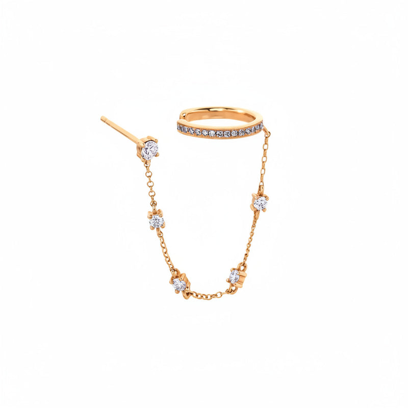 A gold-toned multi-piece ear cuff set featuring a flat band ring with small clear stones, a delicate chain with matching stone clusters, and a post-back earring, displayed on a white background with a faint watermark pattern.