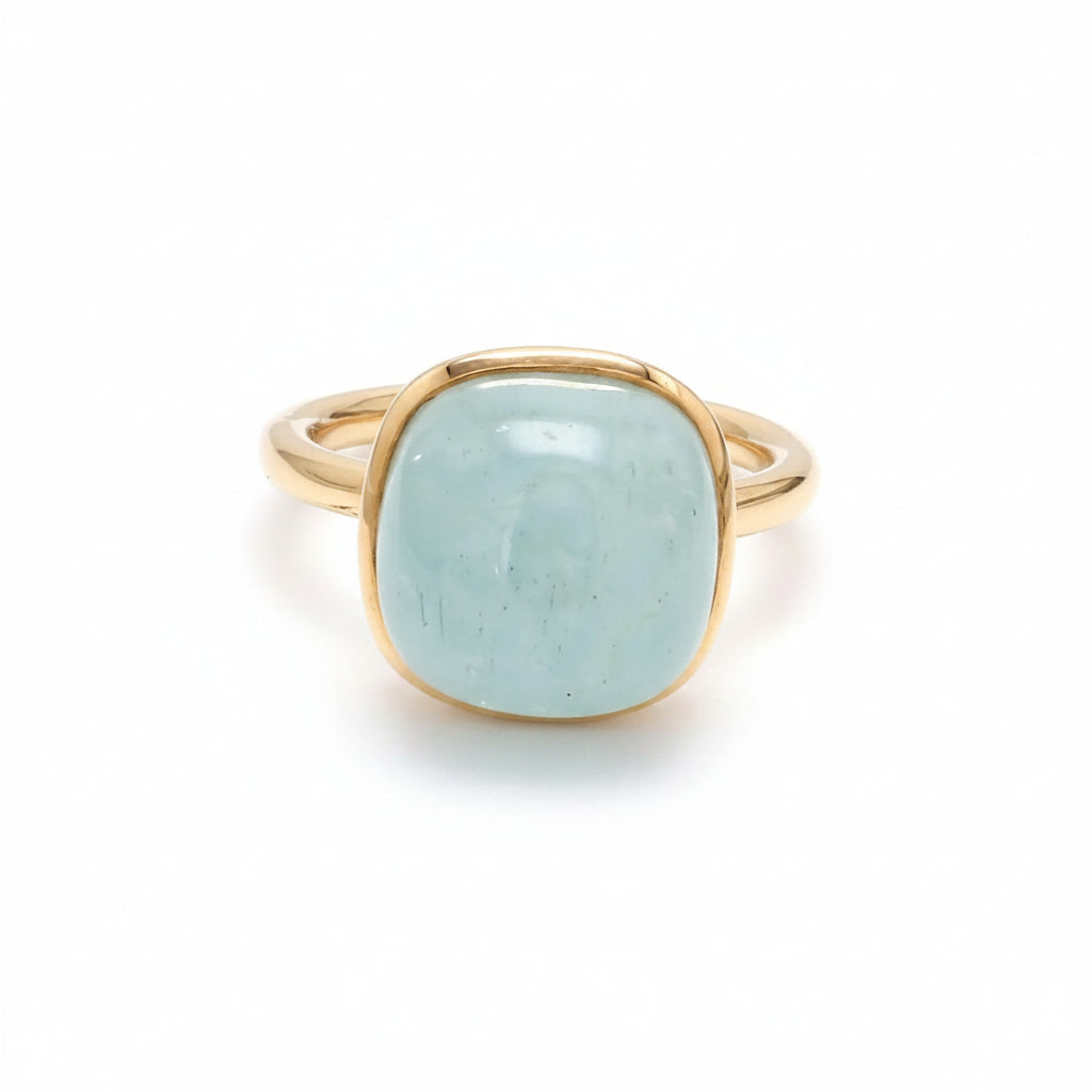 Aquamarine Ring Natural Milky Aquamarine Cushion Cabochon Bezel, 10x10mm Pastel Blue March Birthstone Statement Ring, 18K Gold Vermeil Minimalist Ring