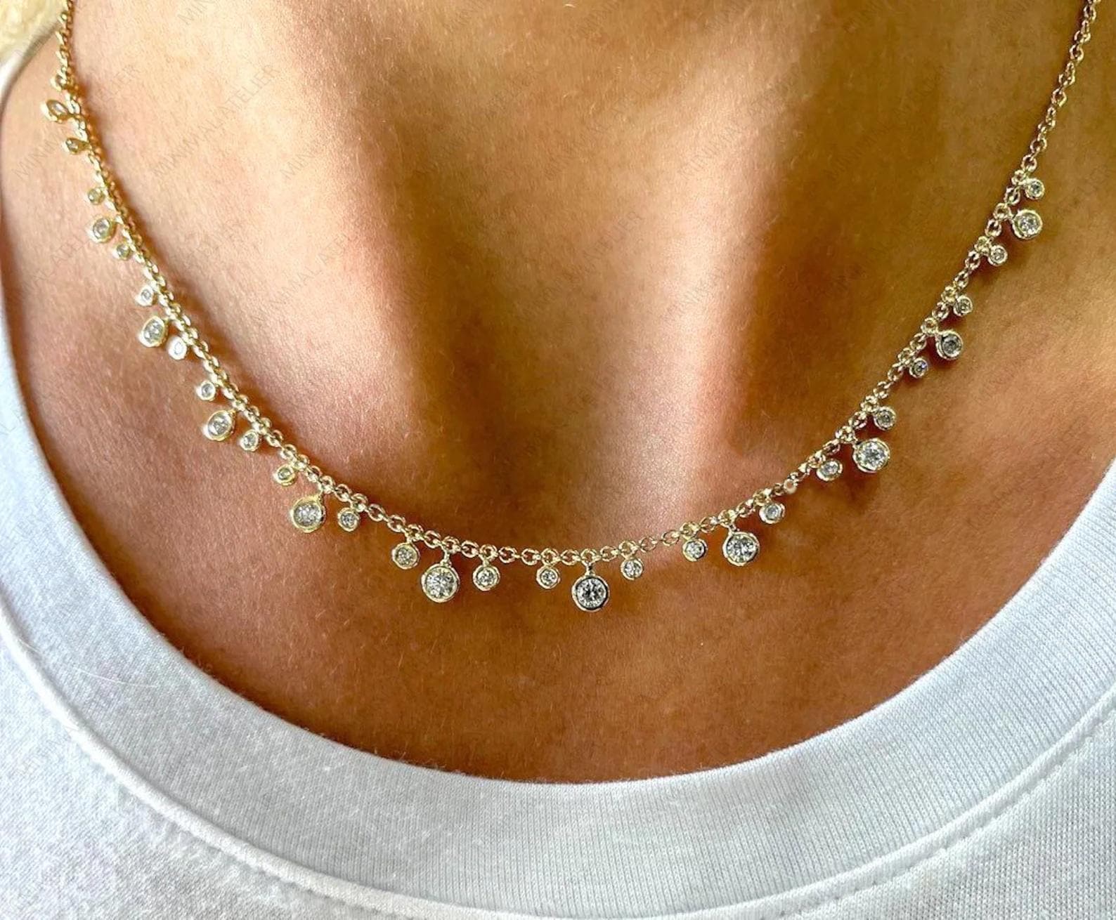 Moissanite Dangle Necklace in Gold, Bezel-Set Fringe Drop Chain | Bridal & Anniversary Gift