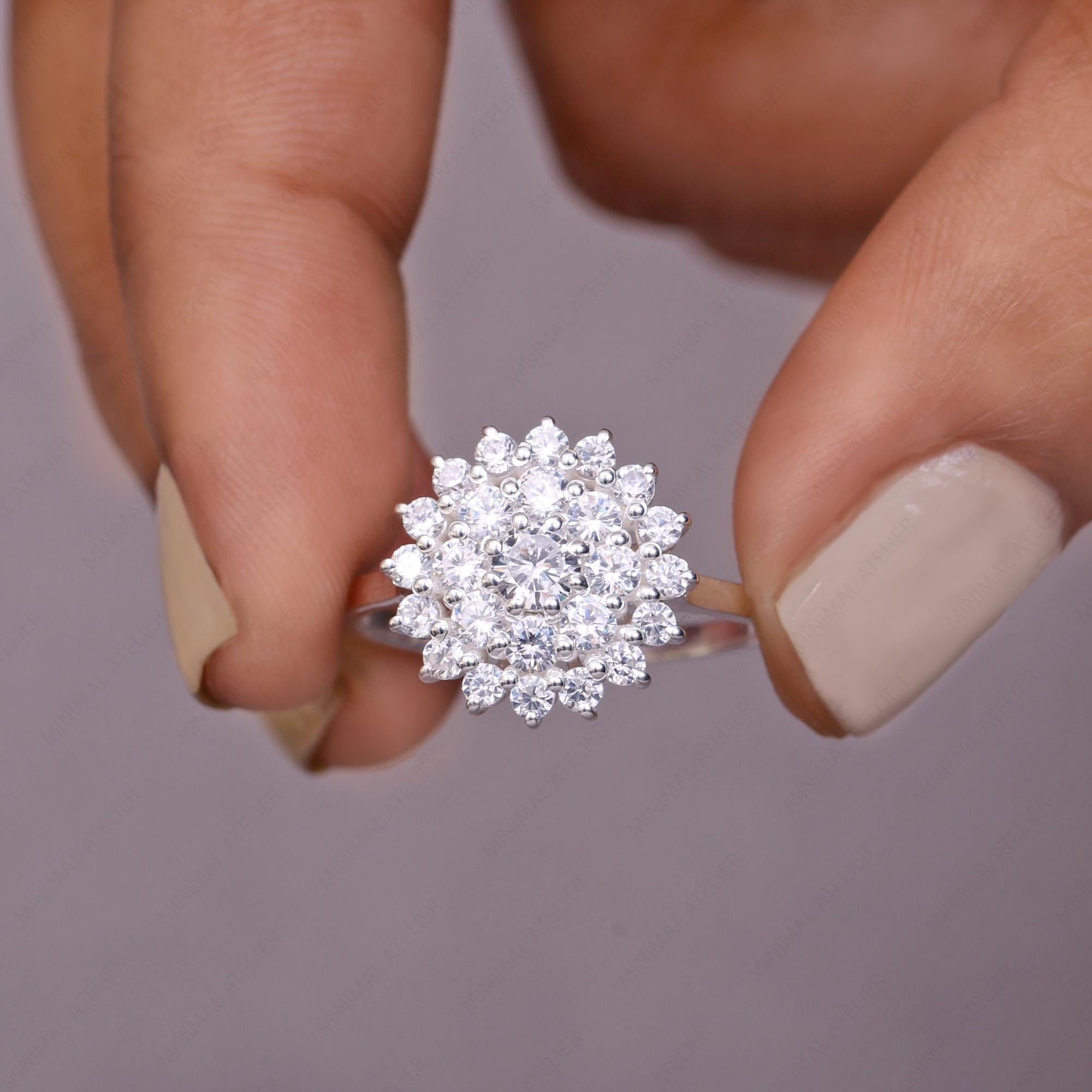 Moissanite Cluster Statement Ring | Floral Halo Ring in Gold or Silver | Anniversary Gift for Her
