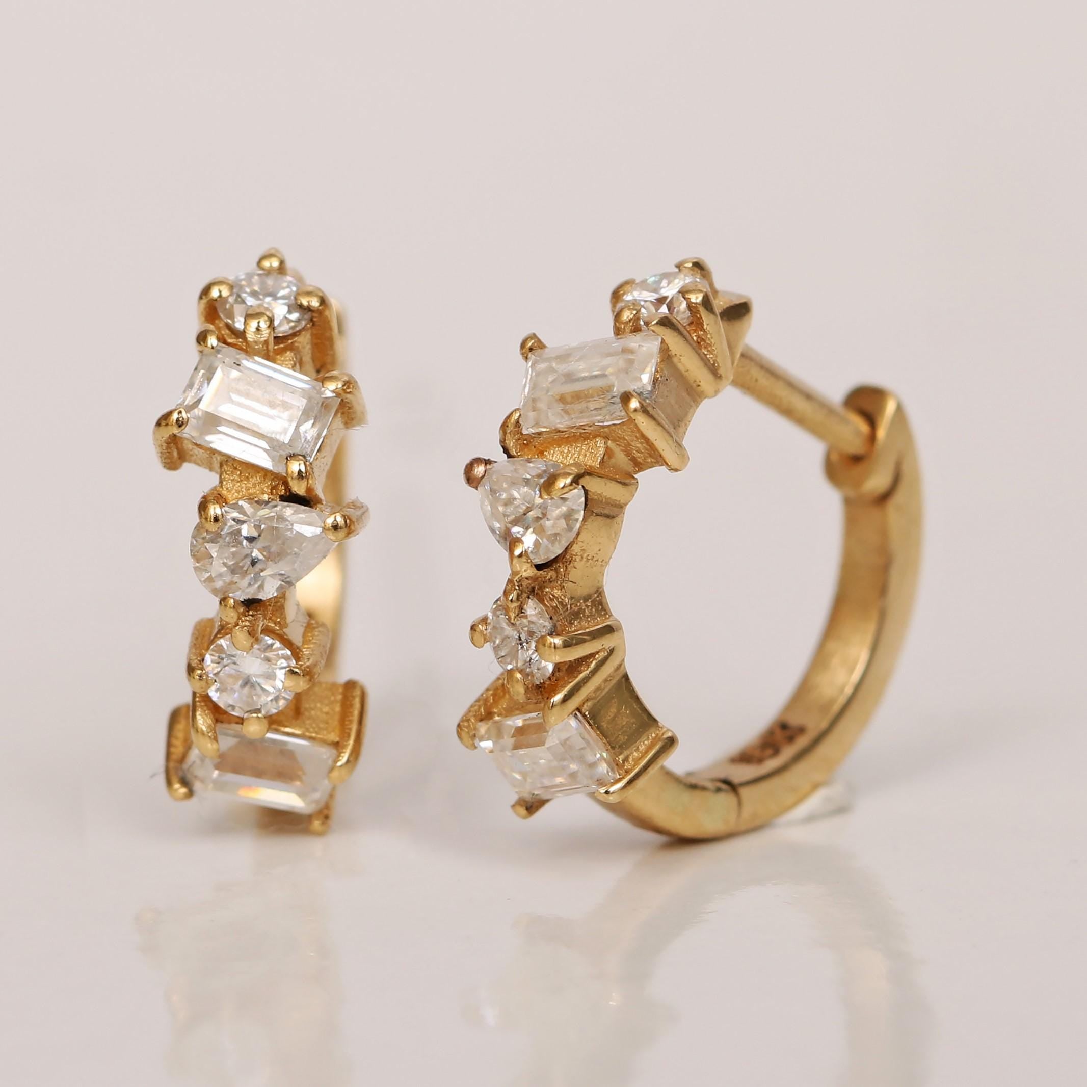 Baguette & Pear Lab Diamond Cluster Hoop Earrings in Gold, Art Deco Moissanite Huggies | Anniversary Gift