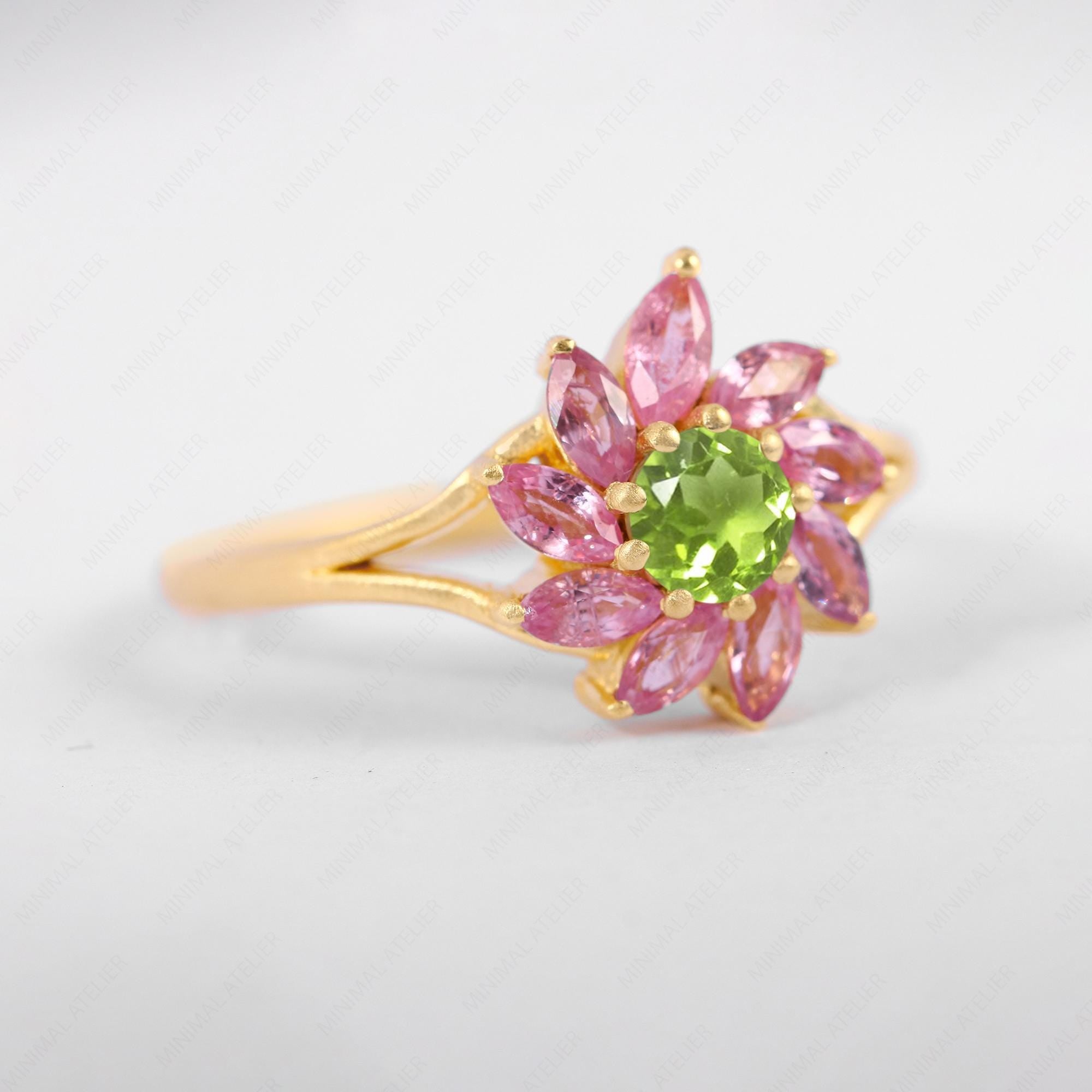 Lab Pink Sapphire & Peridot Flower Cluster Ring in Gold or Silver, Marquise Petal Floral Ring | August September Birthstone Gift for Her