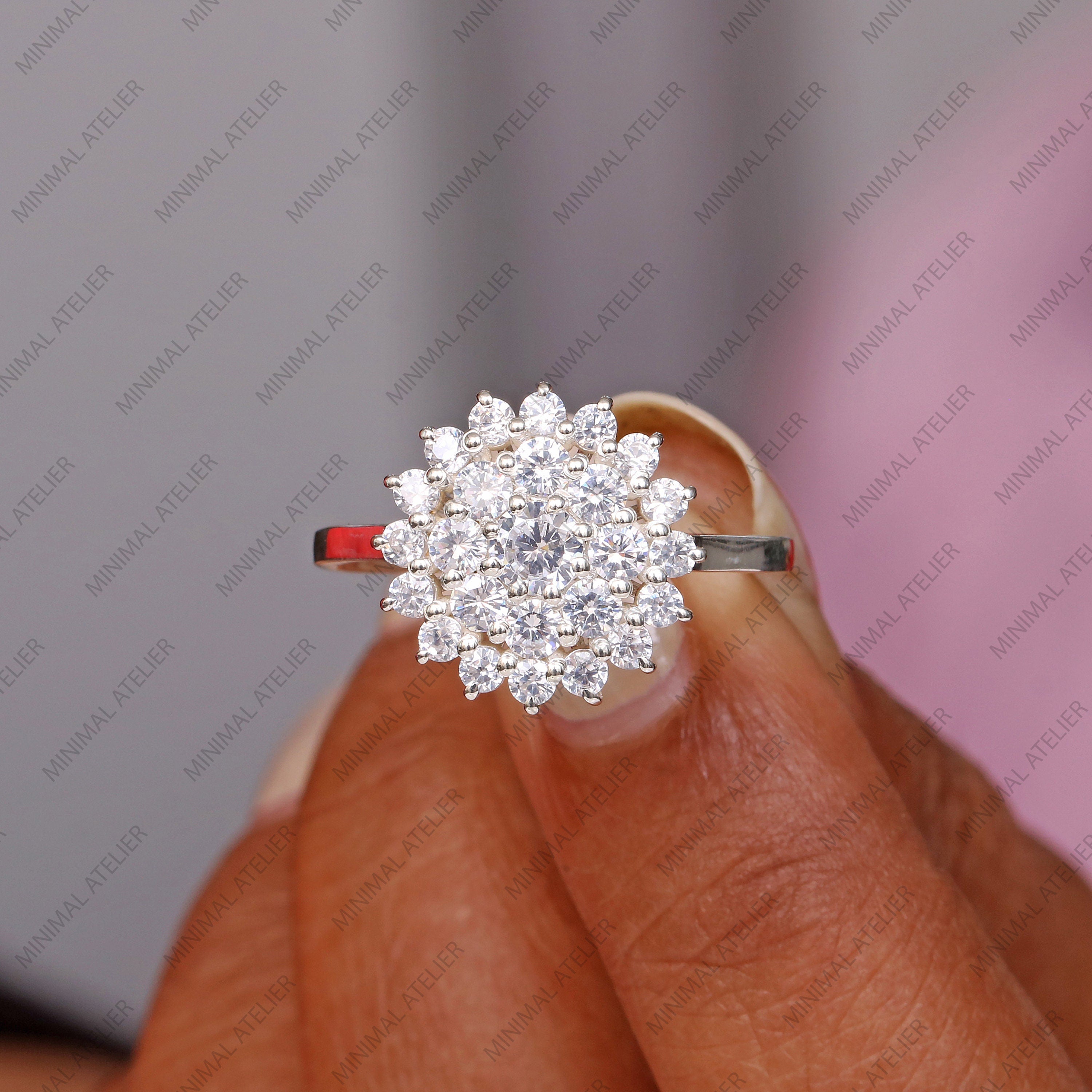 Moissanite Cluster Statement Ring | Floral Halo Ring in Gold or Silver | Anniversary Gift for Her