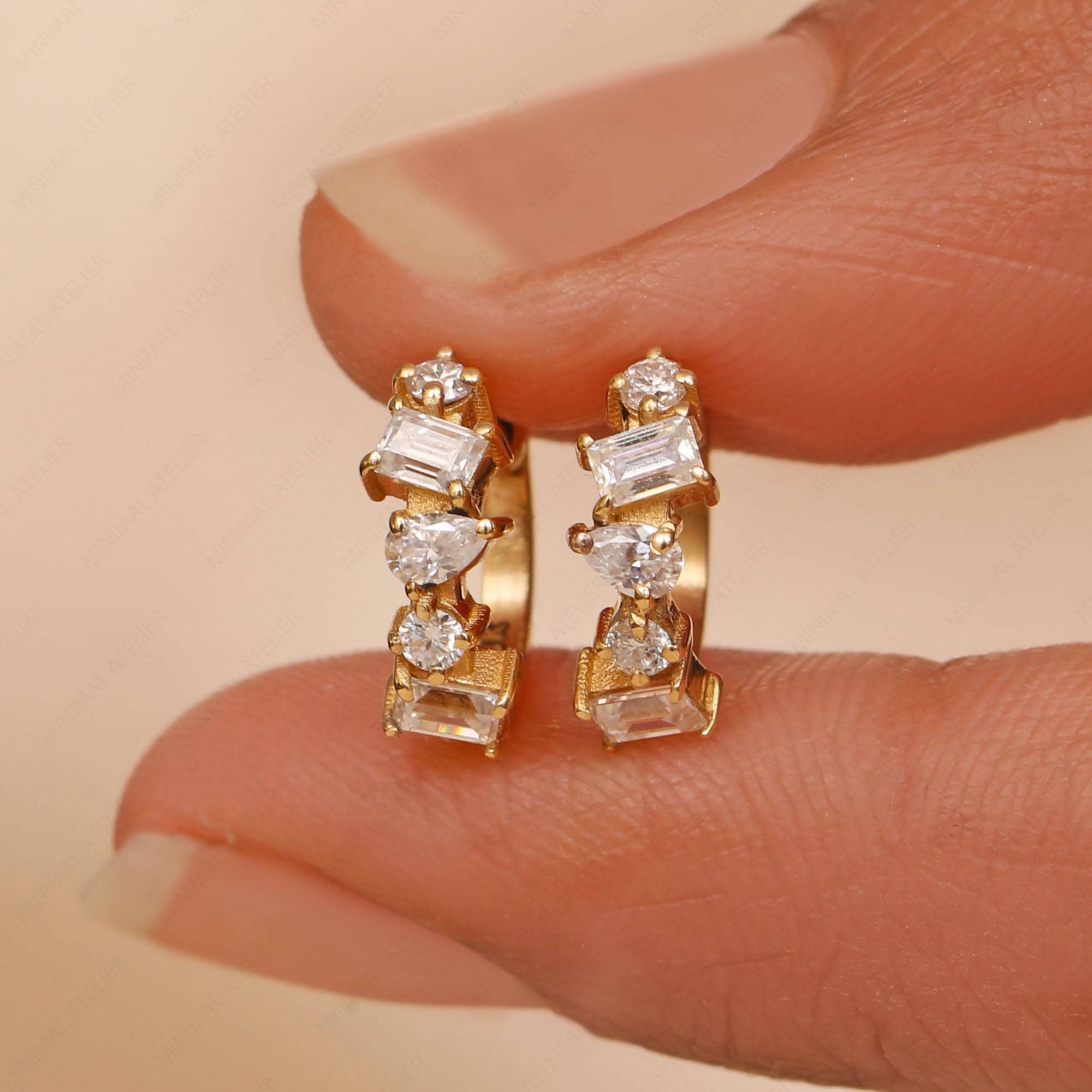Baguette & Pear Lab Diamond Cluster Hoop Earrings in Gold, Art Deco Moissanite Huggies | Anniversary Gift