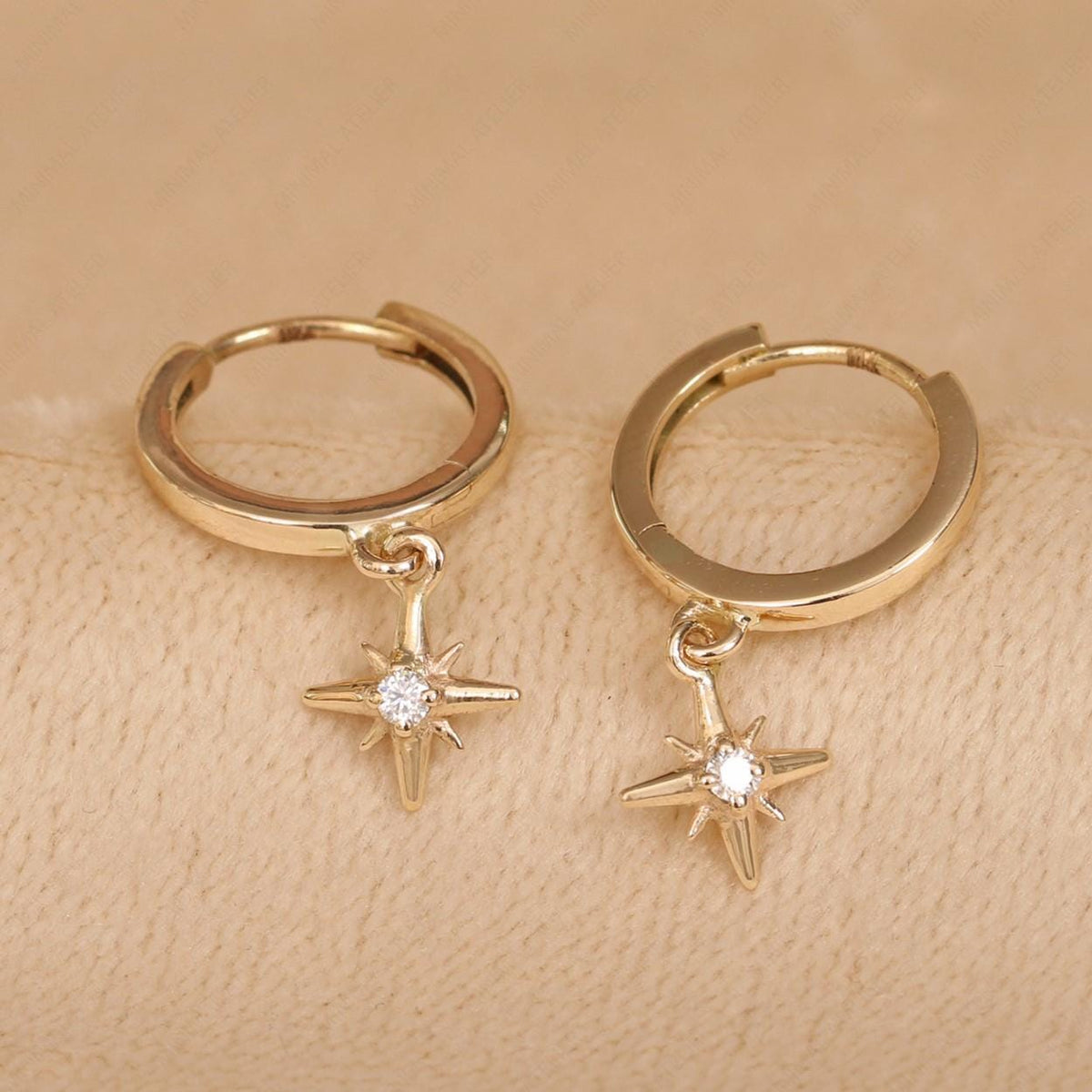 14K Solid Gold Star Drop Huggie Earrings