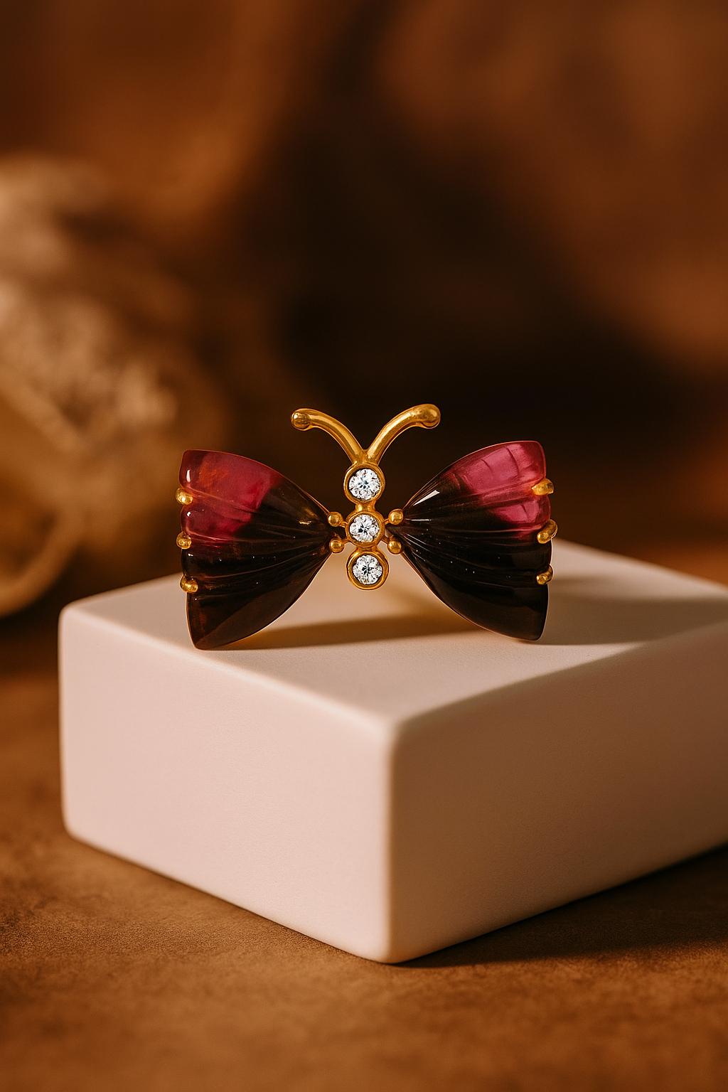 Butterfly Shape Tourmaline & Lab Grown Diamond Unique Ring
