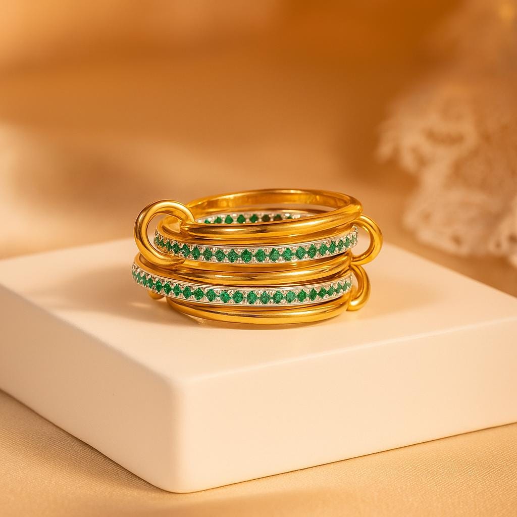 Lab Emerald Five Band Eternity Ring in Gold, Interlocked Pavé Stackable Band | Art Deco Anniversary Wedding Ring
