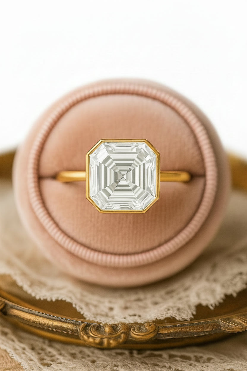 A gold ring with a large, geometric, bezel-set clear gemstone displayed on a round, dusty pink velvet ring box. The background is a warm, softly blurred bokeh of golden lights.