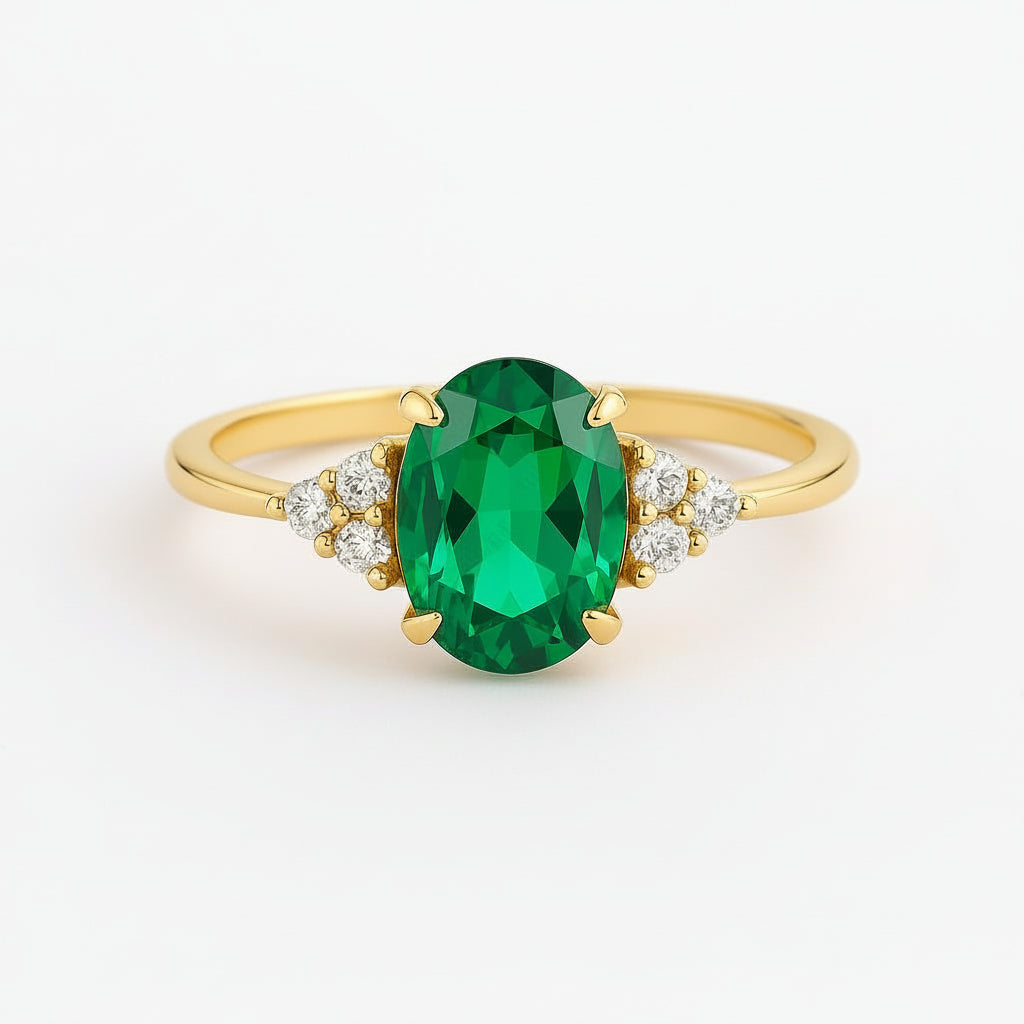 A yellow gold ring featuring a large oval-cut green emerald gemstone in the center, accented by small clear stones on either side of the band, set against a clean white background.