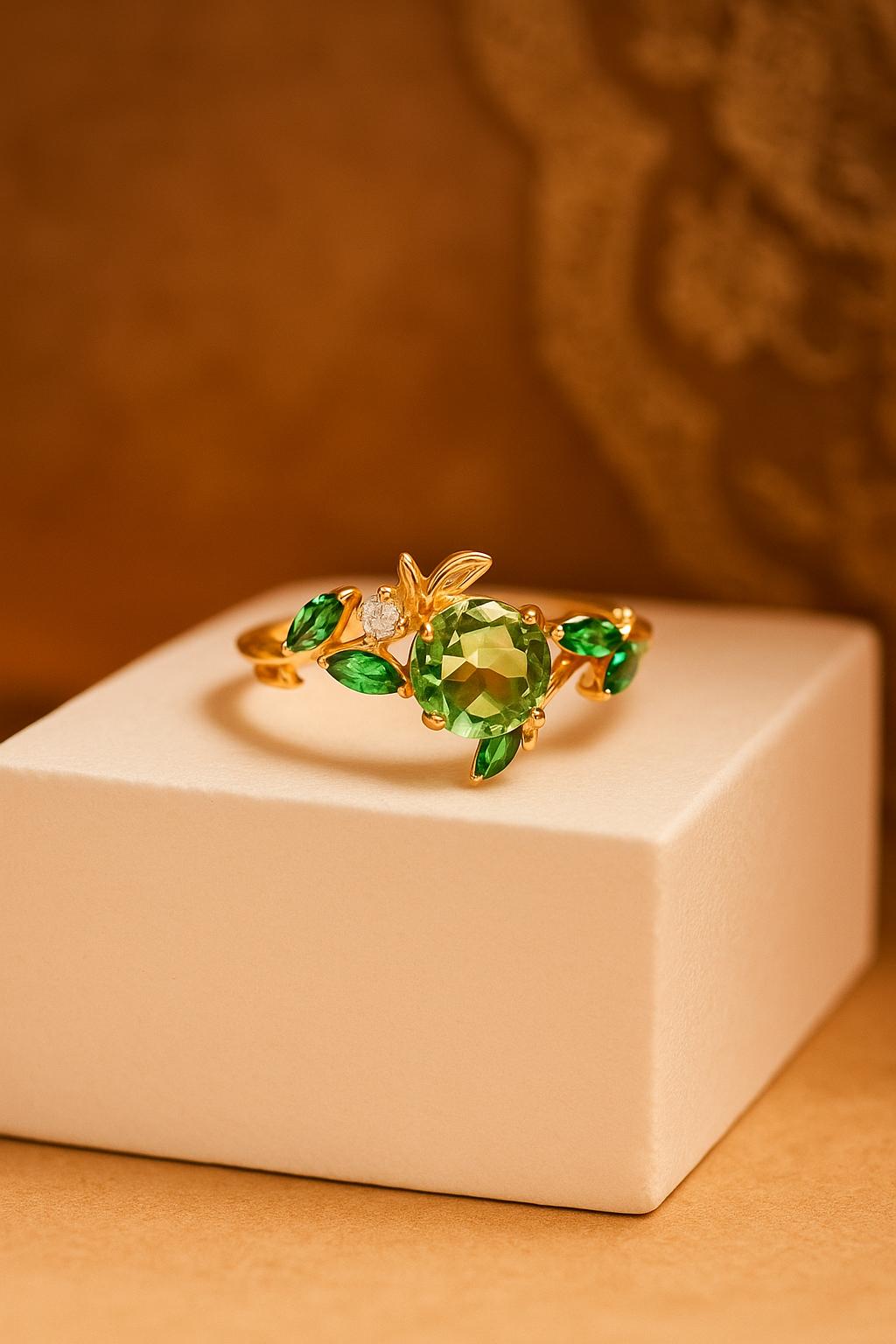 Peridot & Marquise Green Sapphire Nature-Inspired Leaf Ring | 925 Silver & Gold Plated | SKU 20280