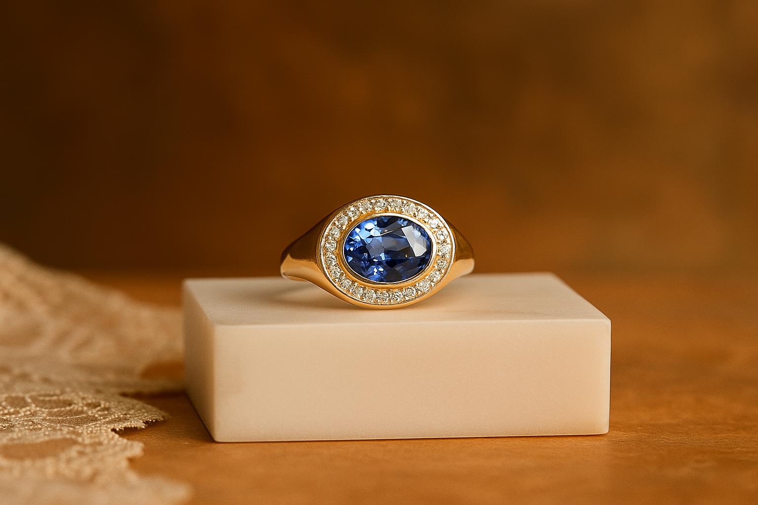 Vintage Oval Cut Ceylon Blue Sapphire Halo Engagement Ring
