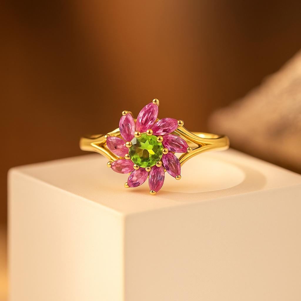Lab Pink Sapphire & Peridot Flower Cluster Ring in Gold or Silver, Marquise Petal Floral Ring | August September Birthstone Gift for Her