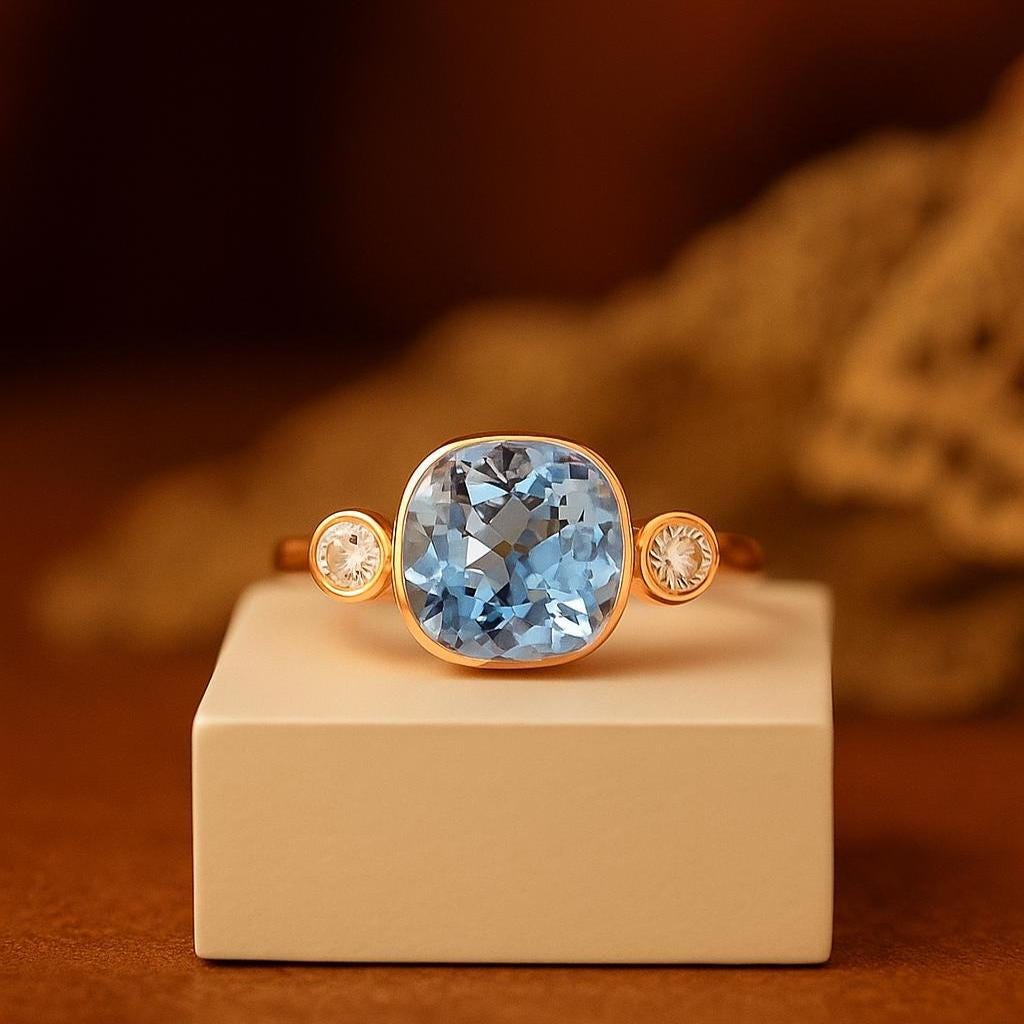 Lab Blue Sapphire & Emerald Accent Bezel Ring | Emerald Cut Solitaire | March Birthstone