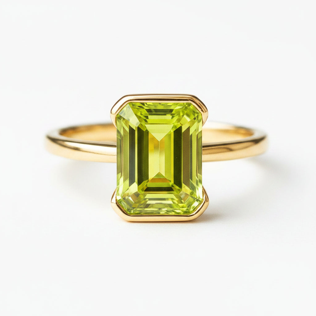 A yellow gold ring featuring a large, emerald-cut green gemstone, resting on a textured brown surface.