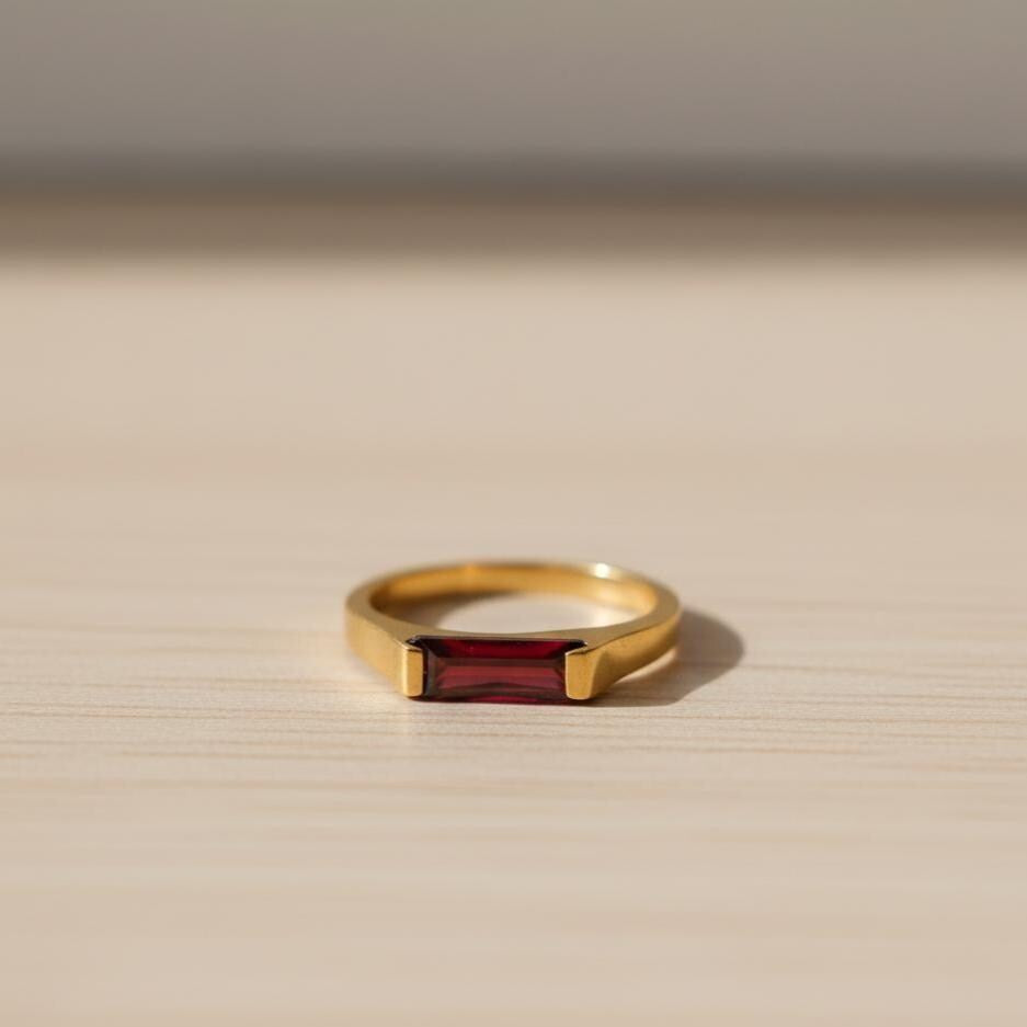 Minimalist Baguette Garnet Ring in 14K Gold Finish