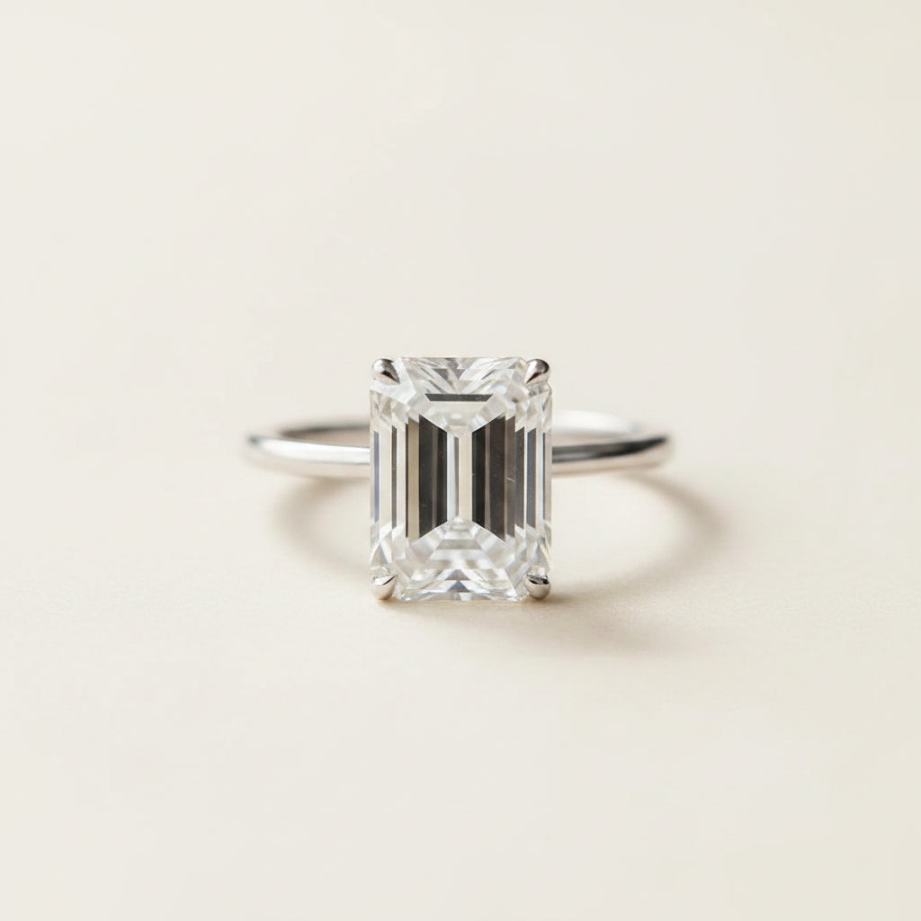 Emerald Cut Moissanite Engagement Ring with Hidden Halo | Solitaire Ring in Silver or Gold