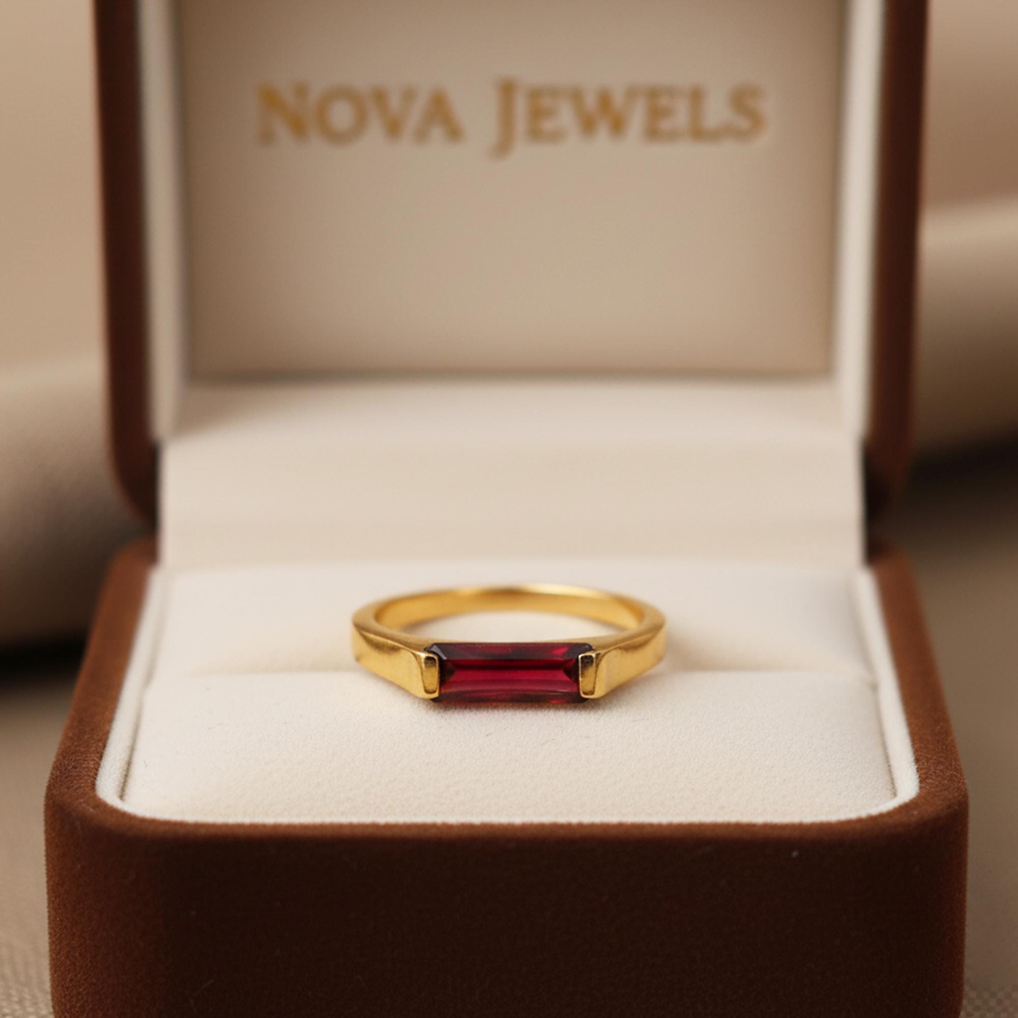 Minimalist Baguette Garnet Ring in 14K Gold Finish