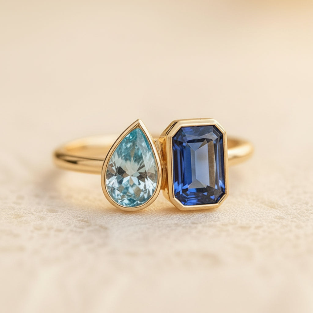 Aquamarine & Sapphire Toi Et Moi Engagement Ring