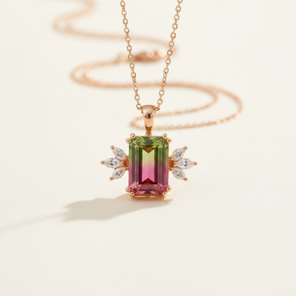 A rose gold necklace with a rectangular emerald-cut pink and green gradient gemstone pendant, accented with small marquise-cut clear stones, resting on a textured beige fabric background.