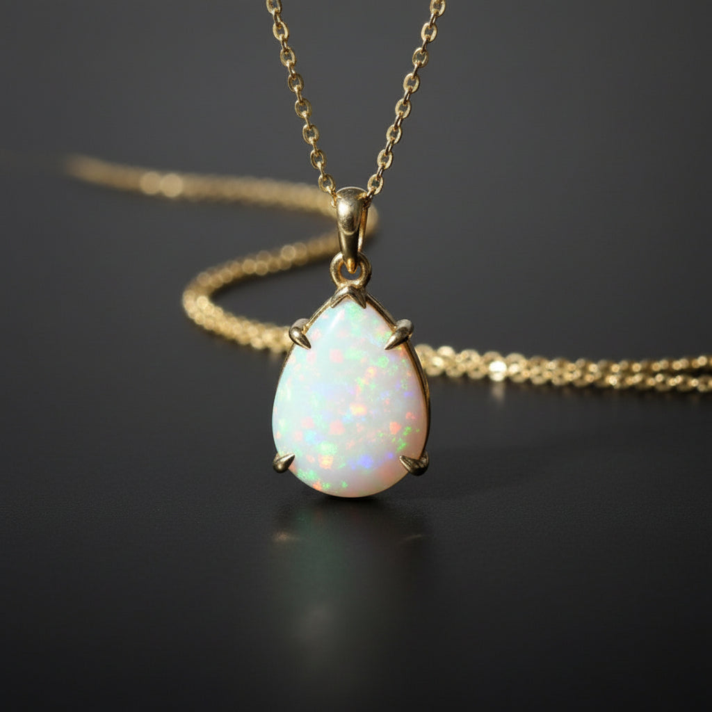 A teardrop-shaped white opal pendant necklace with a gold setting and chain, displayed on a dark reflective surface.