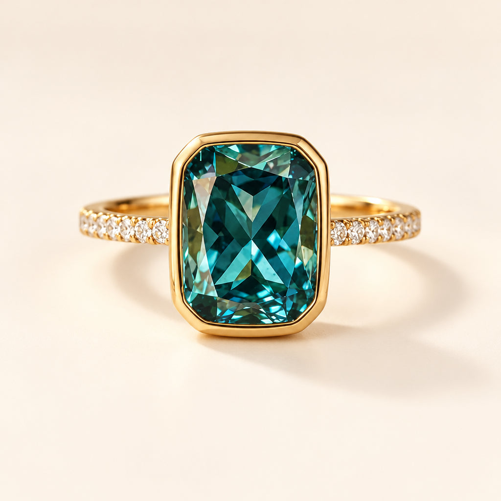 A gold ring featuring a large rectangular emerald-cut blue gemstone, accented with small clear stones on the band, set against a soft beige fabric background with dried flowers.