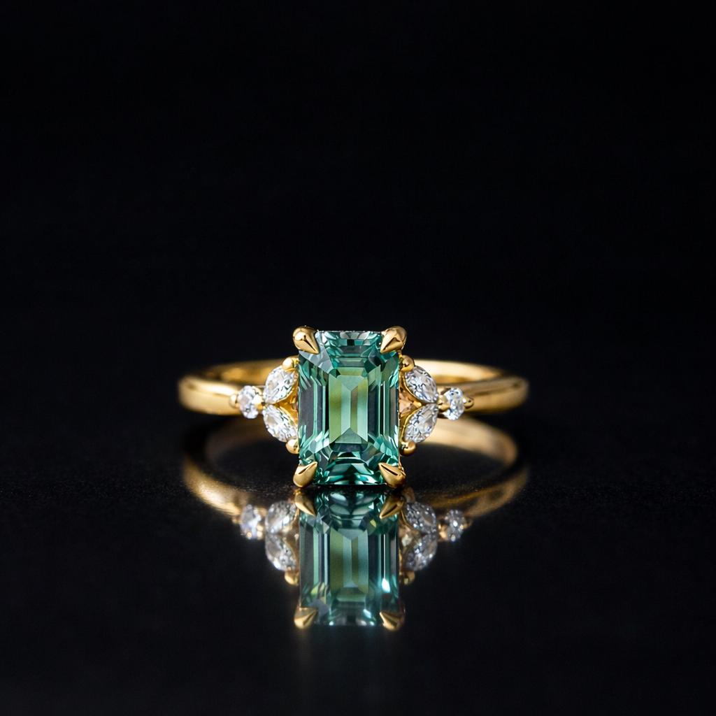 Emerald Cut Teal Sapphire & Marquise Moissanite Engagement Ring