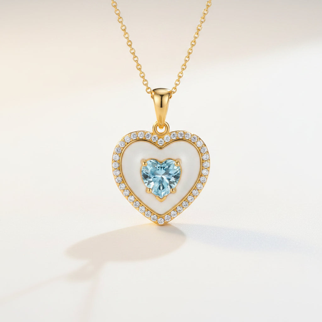Heart Aquamarine & White Enamel Necklace with Moissanite Halo | Lab-Created Pendant in Silver or Gold