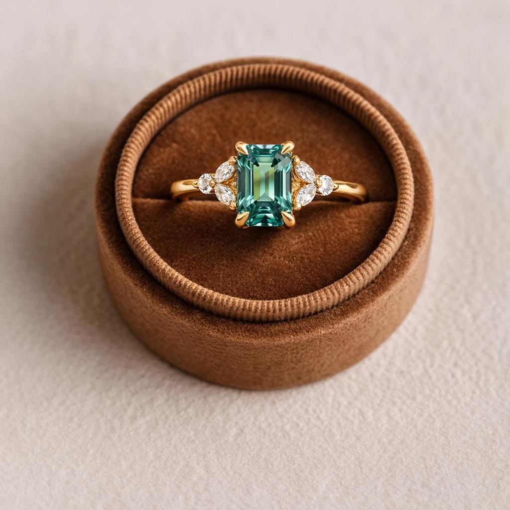 Emerald Cut Teal Sapphire & Marquise Moissanite Engagement Ring
