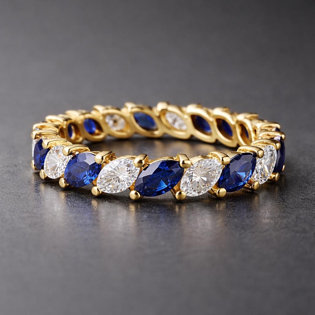 Marquise Cut Blue Sapphire & Moissanite Full Eternity Band Ring