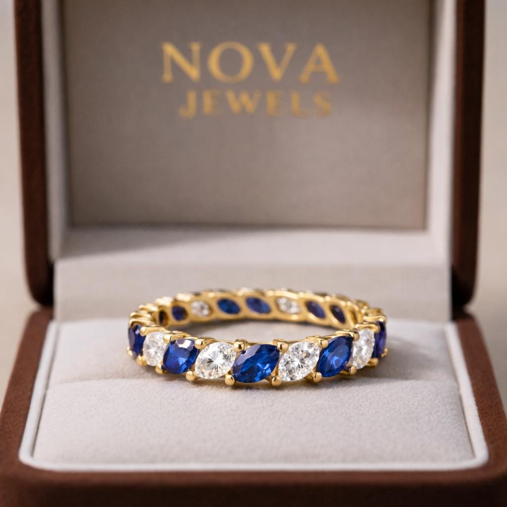 Marquise Cut Blue Sapphire & Moissanite Full Eternity Band Ring