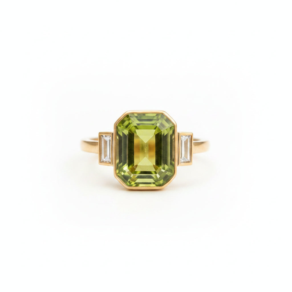 A gold ring with a large emerald-cut green gemstone and smaller side stones, displayed on an old book with beige lace fabric in the background.