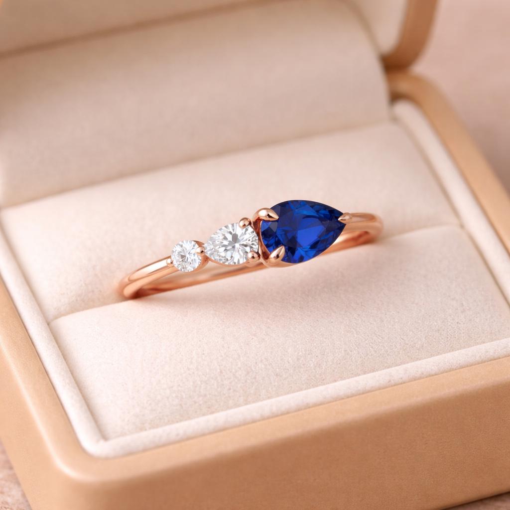 Dainty Pear Cut Blue Sapphire & Moissanite Three Stone Ring