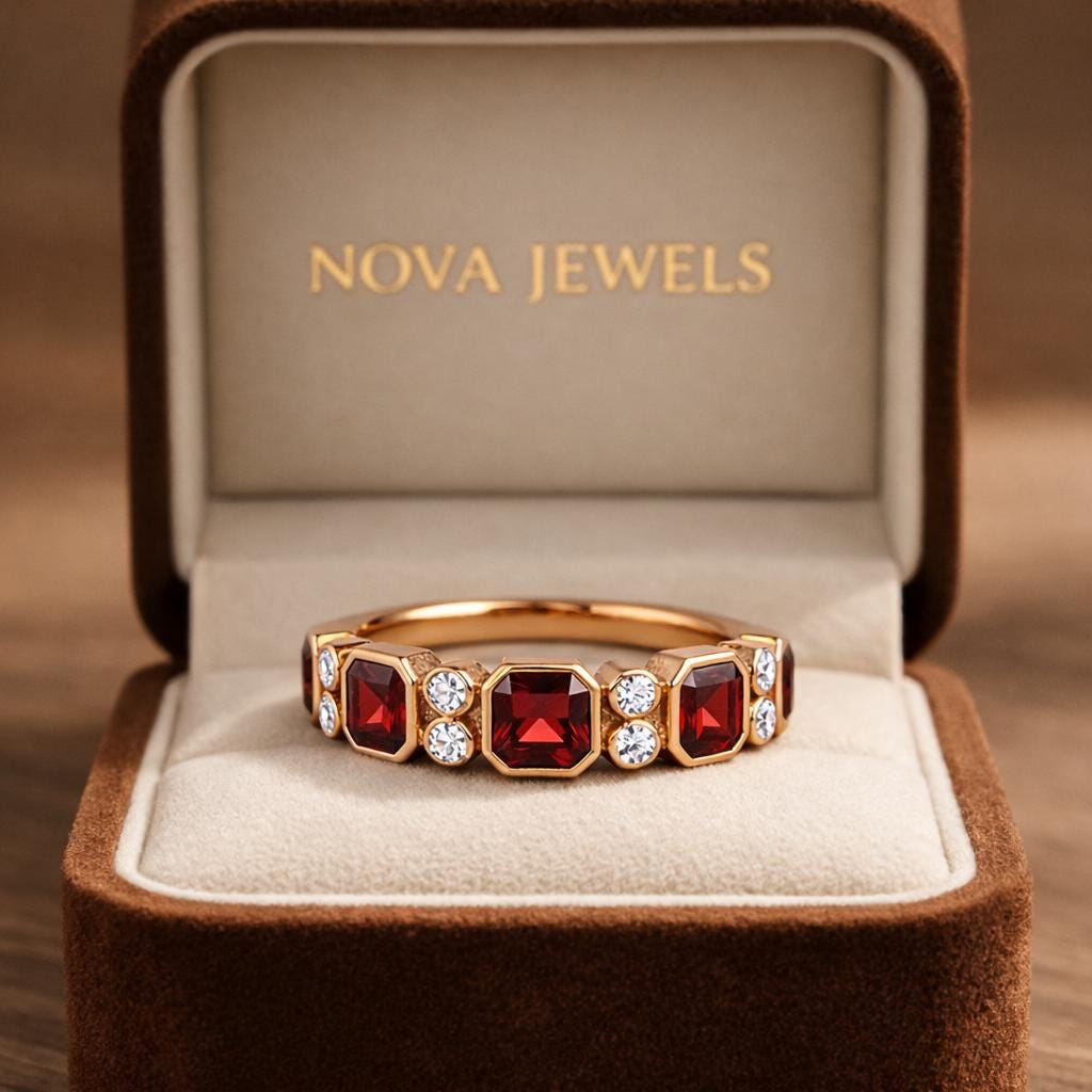 Garnet & Moissanite Half Eternity Band in 14k Gold