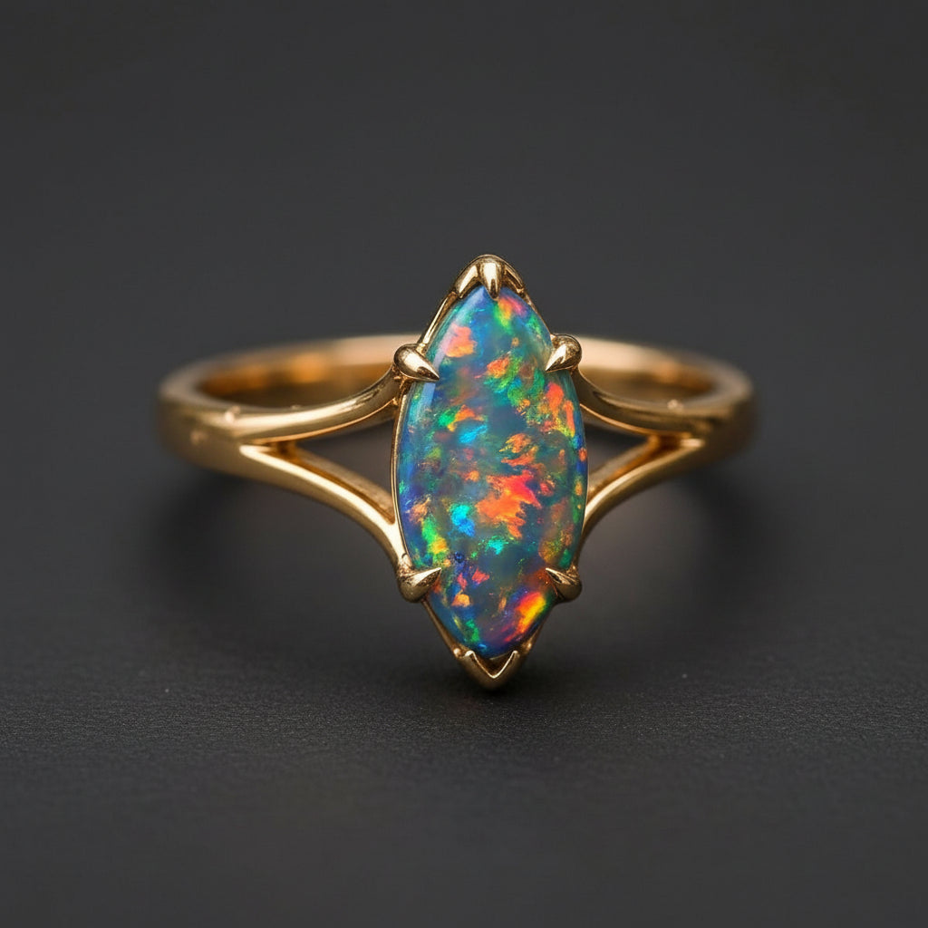 A gold ring with a marquise-cut opal gemstone, resting on a textured stone surface with a blurred natural background.