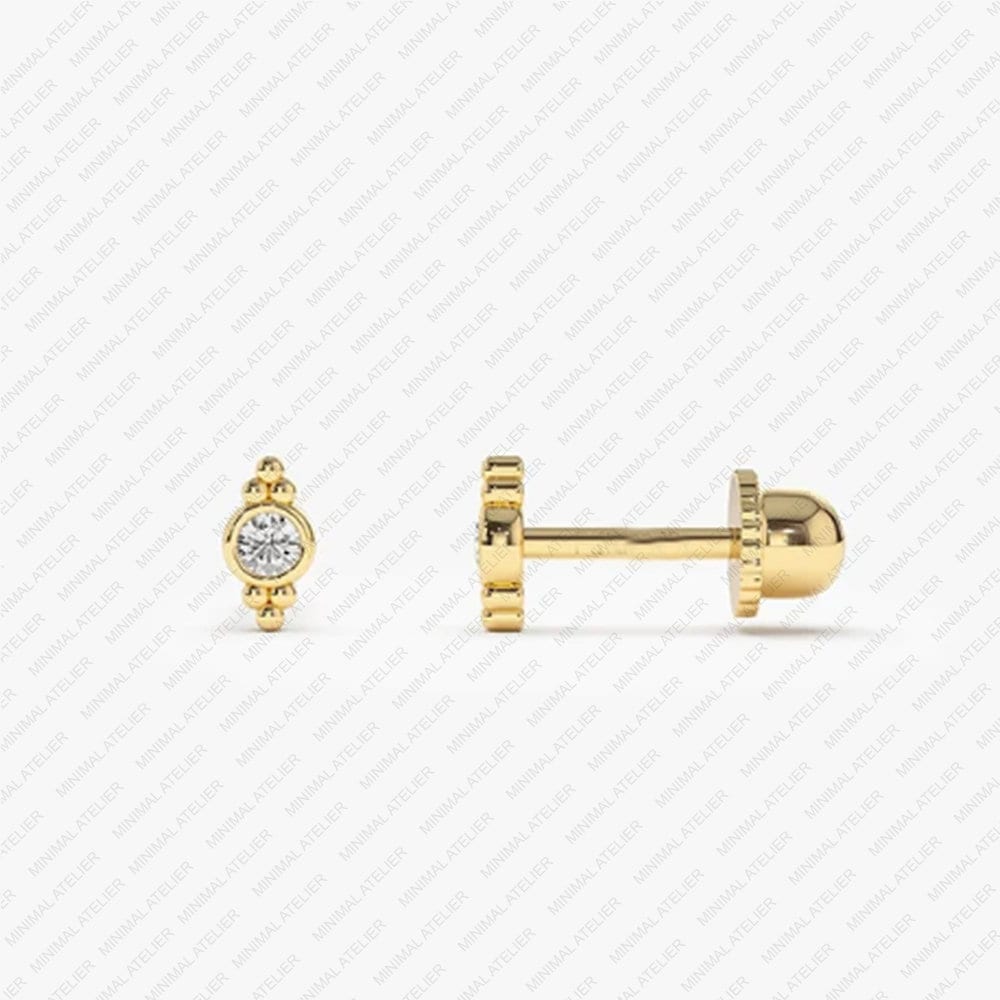 Round Moissanite Bezel Stud Earrings in Gold, Dainty Beaded Setting | Cartilage & Lobe Gift
