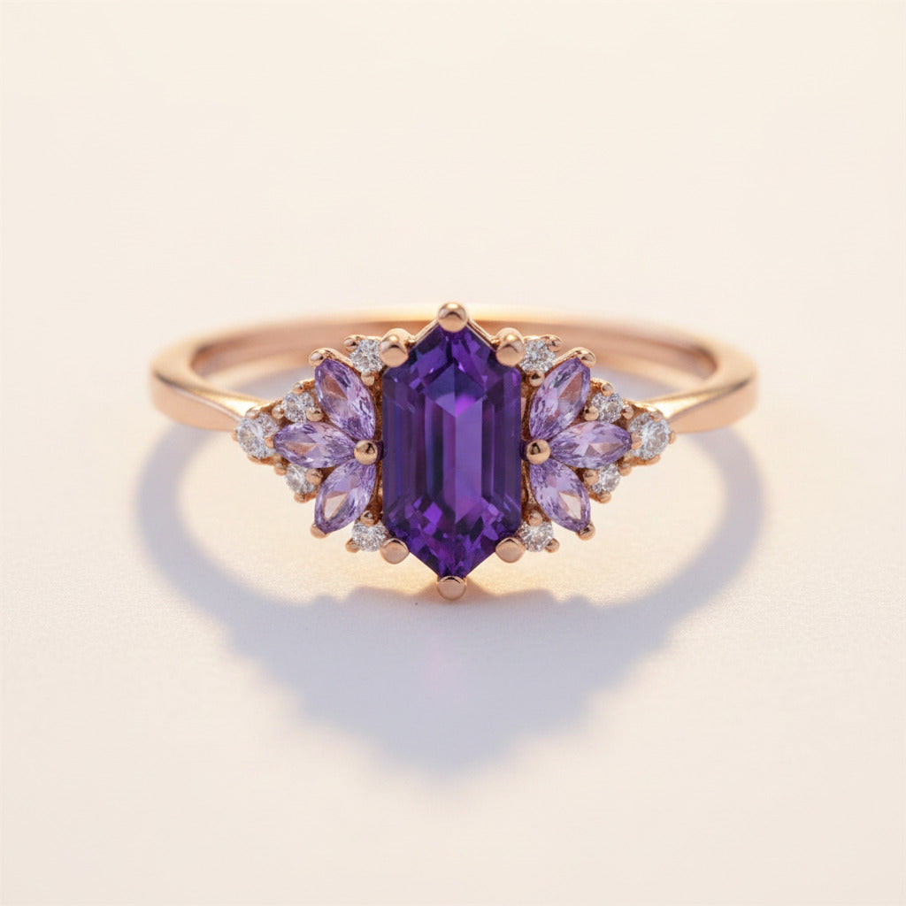 Hexagon Amethyst Cluster Ring in Gold, Marquise Lavender Amethyst & Moissanite | February Birthstone Gift