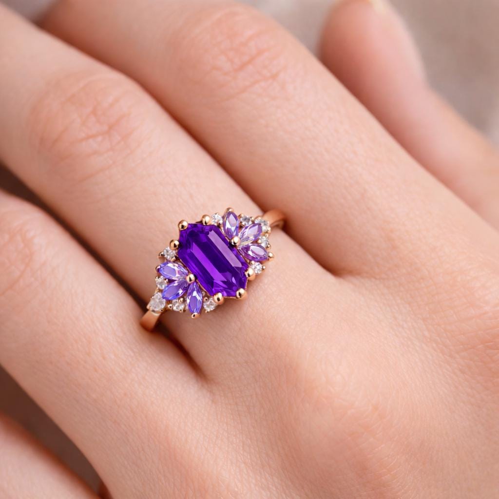 Hexagon Amethyst Cluster Ring in Gold, Marquise Lavender Amethyst & Moissanite | February Birthstone Gift